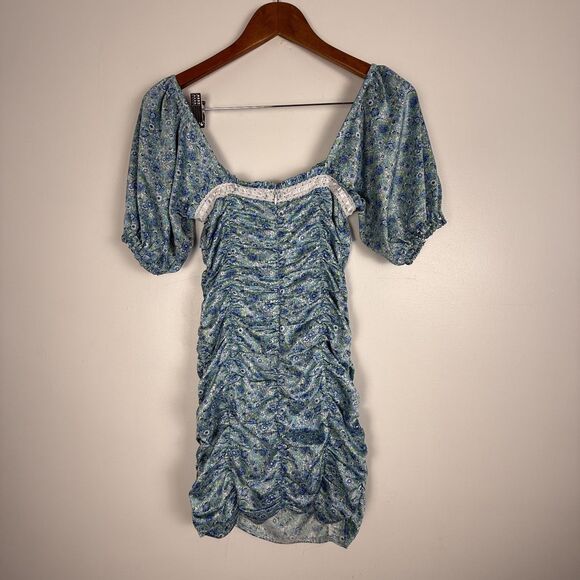 For Love & Lemons Blue Floral Alana Ruched Mini Dress | Bodycon Puff Sleeves - Picture 5 of 11